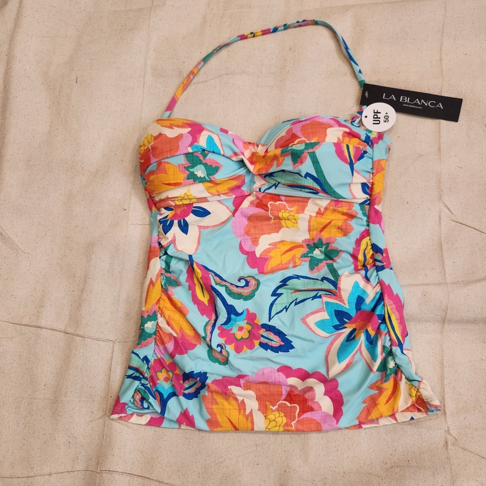La Blanca New Halter Tankini Top Size 4 Blue Floral Sweetheart UPF 50+ Swimwear